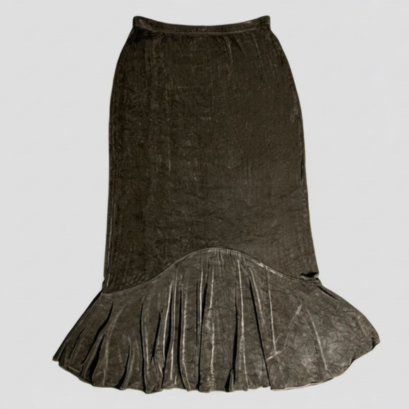 🇨🇦 Vintage 90s Brown Jersey Maxi Skirt | Sculptural Flounce Hem | Minimalist - Picture 3 of 15